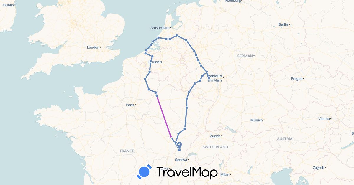 TravelMap itinerary: driving, cycling, train in Belgium, Germany, France, Netherlands (Europe)